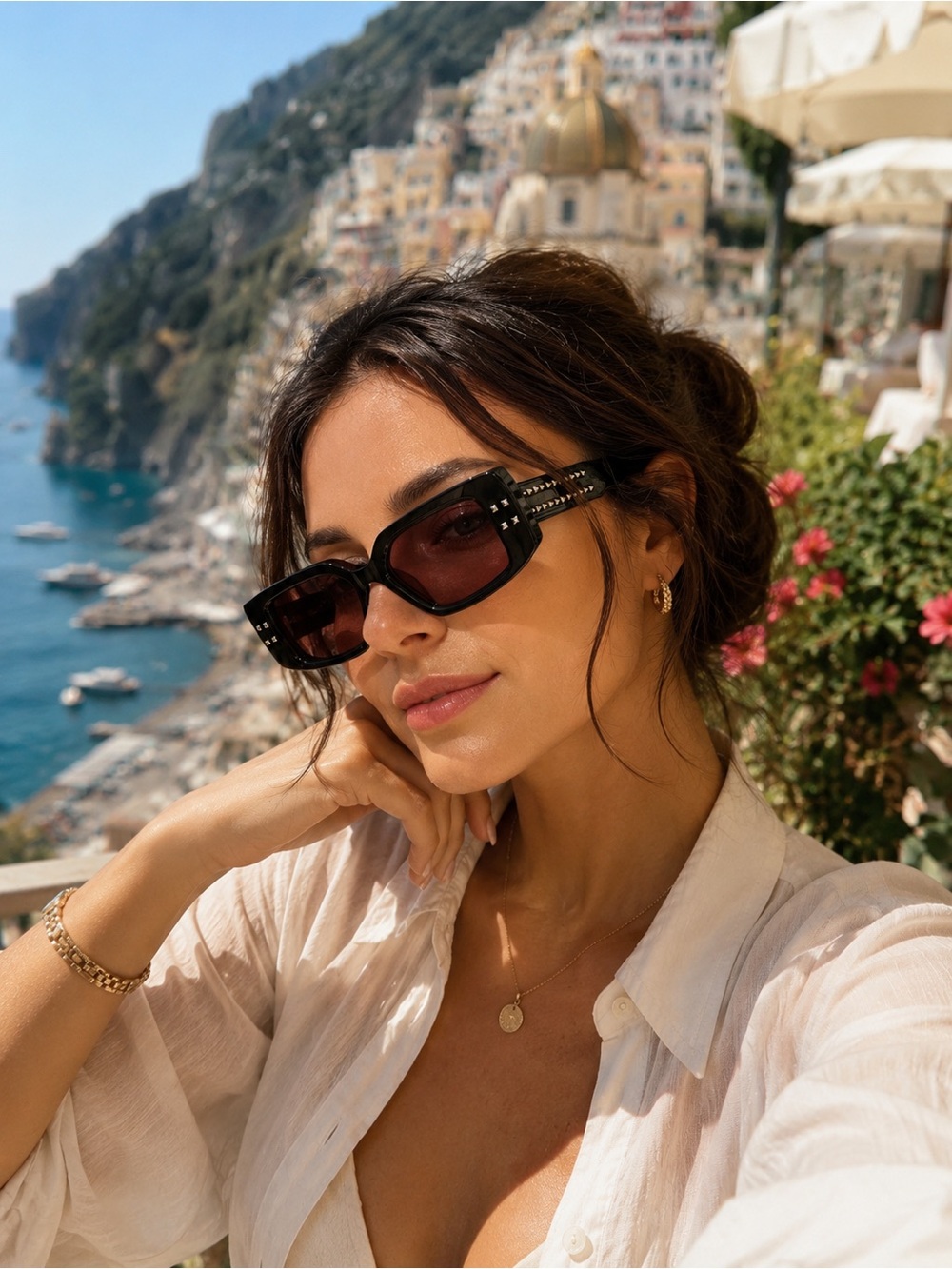 Valentino Black Rectangular Sunglasses with Studded Temples